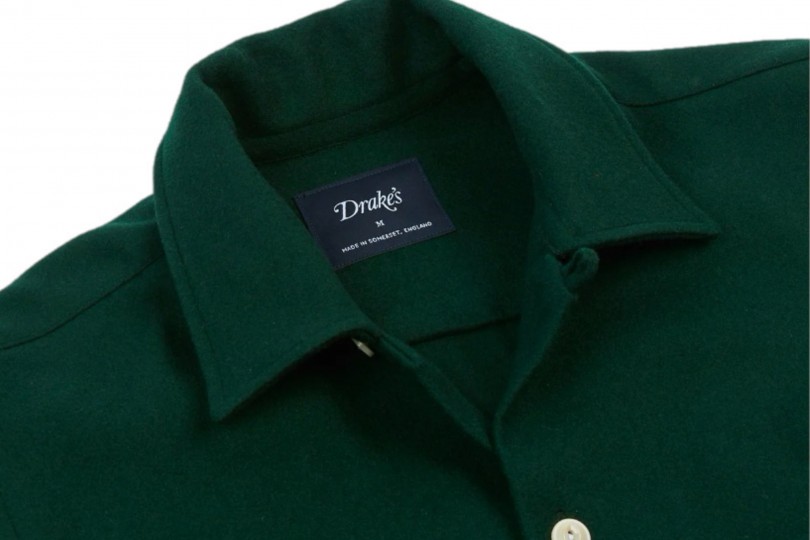 Drake's 4-Pocket Camp Collar Shirt Green Wool