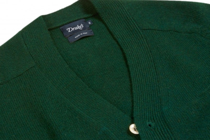 Drake's Classic Lambswool Cardigan Tartan Green