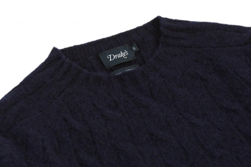 Drake's Brushed Cable Knit Shetland Jumper Navy