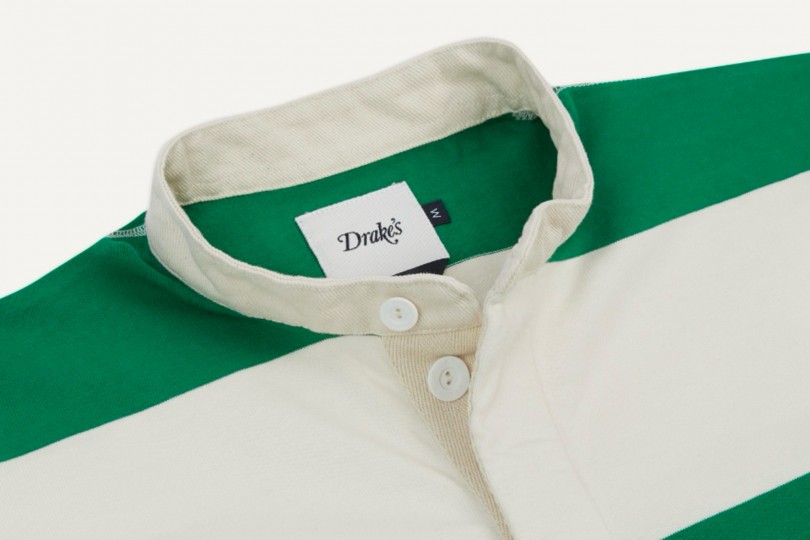 Drake's Mandarin Collar Rugby Shirt Green & White Stripe