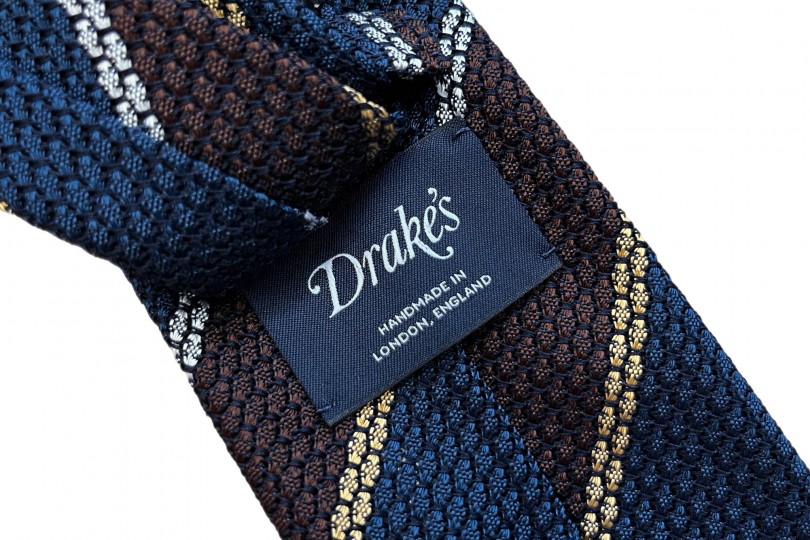 Drake's Silk Multistripe Grenadine Tie Navy, White, & Brown