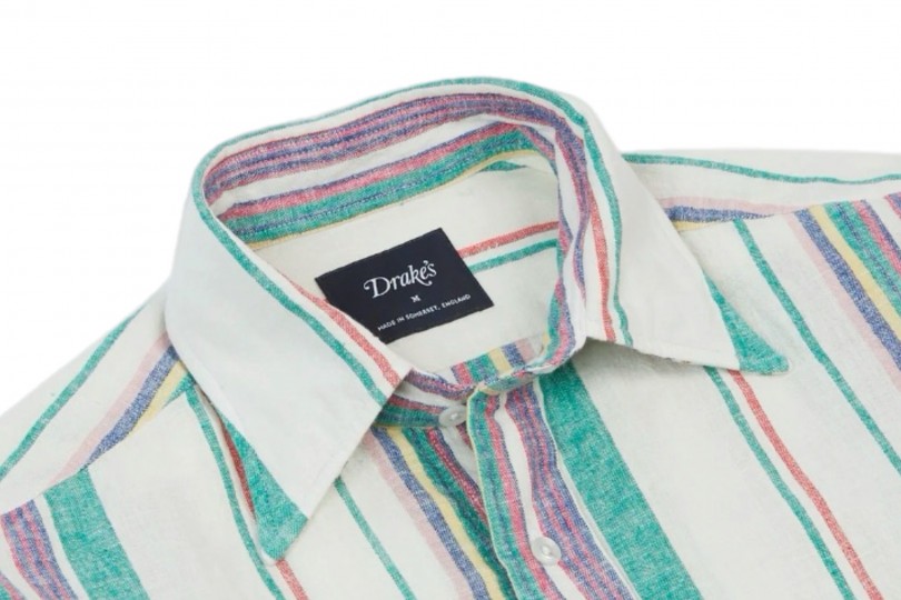 Drake's Linen-Cotton Long Point Collar Shirt Ecru, Purple, and Green