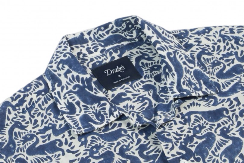Drake's Block Print Camp Shirt Navy Duck