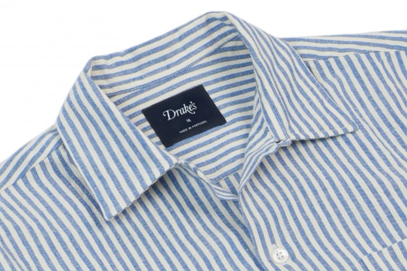 Drake's Cotton-Linen Camp Shirt Blue and White Stripe