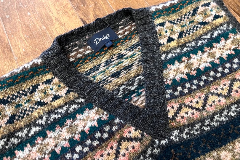 Drake's Fair Isle Sleeveless V-Neck Jumper Purple Multi