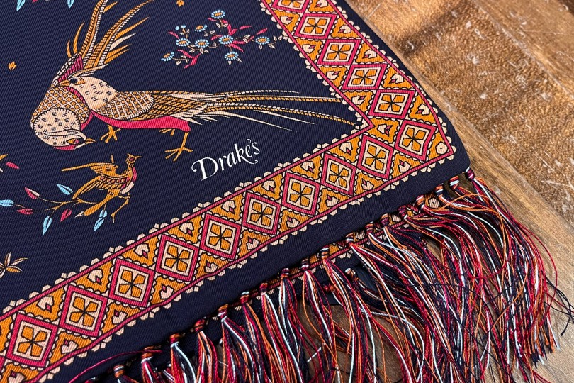 Drake's Birds of Paradise Silk Tasselled Scarf Navy