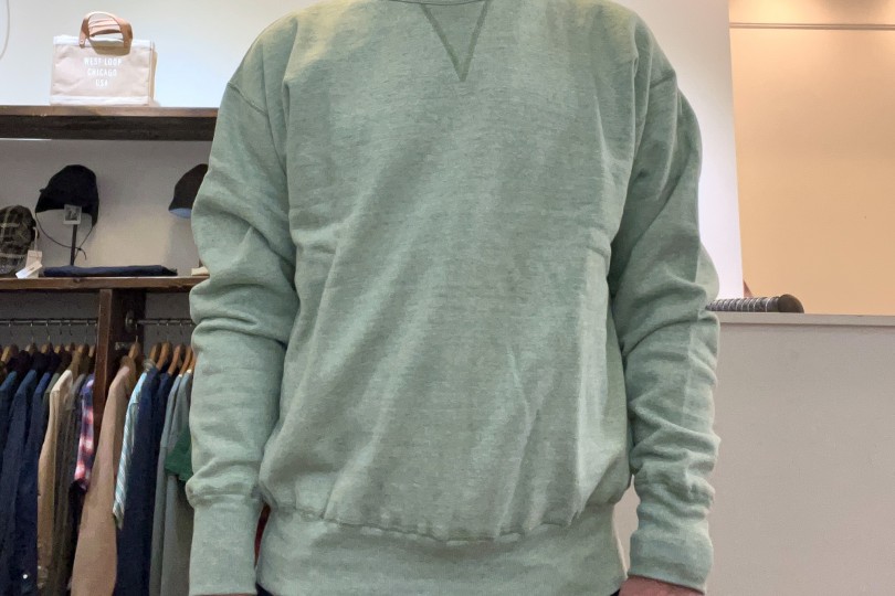 Denime Heather Four Needle V-Gusset Crew Neck Green