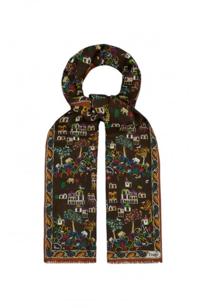 Drake's Antique Village Wool-Silk Scarf Brown