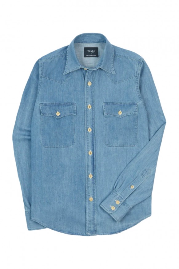 Drake's Denim Western Shirt Bleach Wash