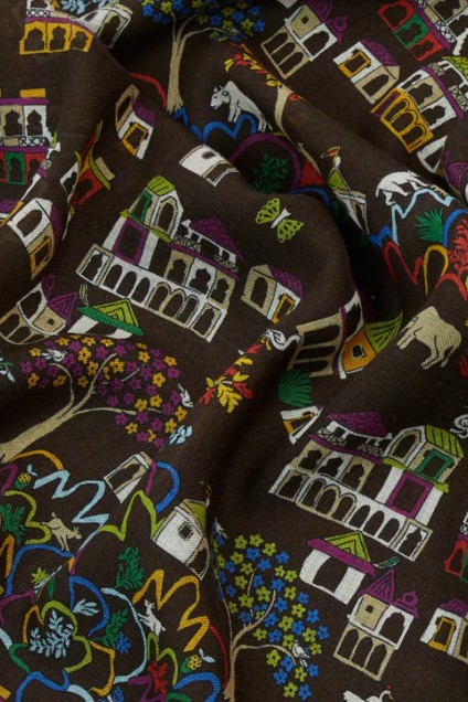 Drake's Antique Village Wool-Silk Scarf Brown