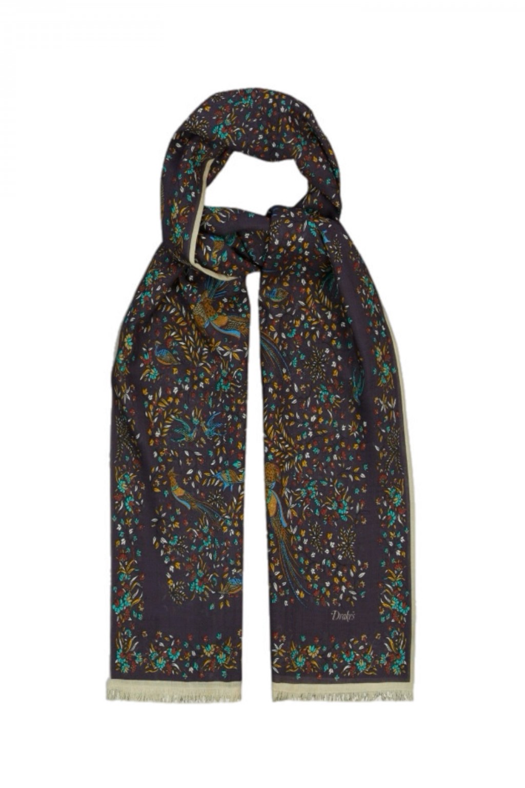 Drake's Birds of Paradise Wool-Silk Scarf Navy - Made in Italy