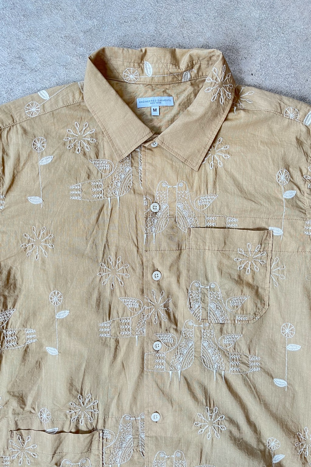 Engineered Garments Camp Shirt Khaki Bird Embroidery Cotton