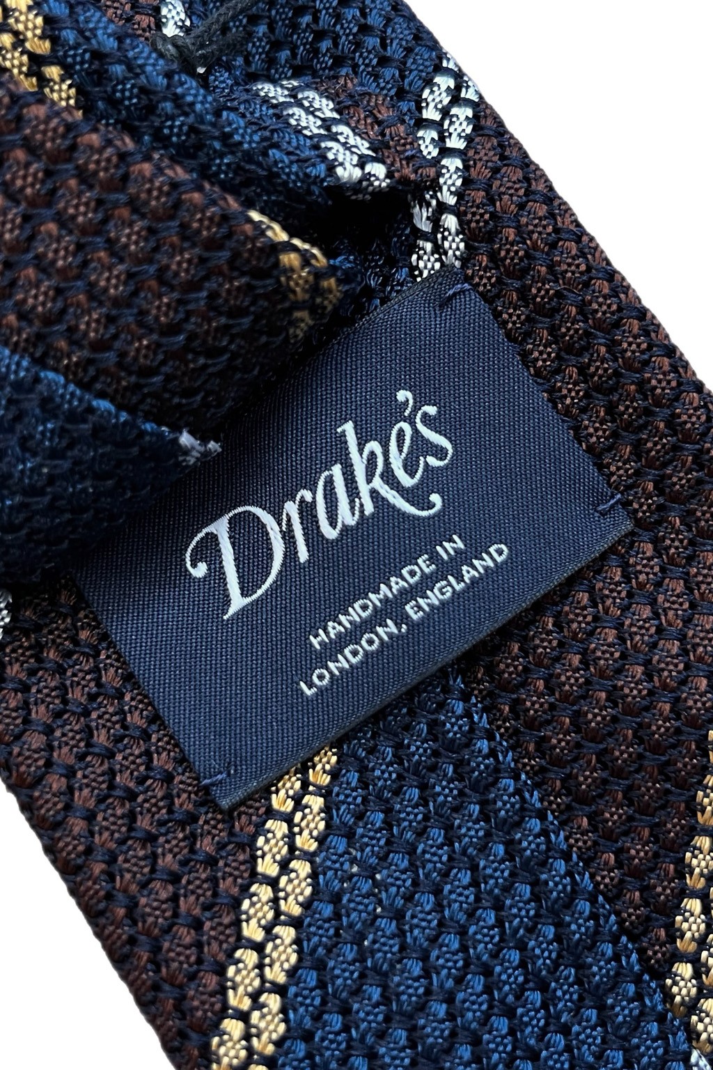 Drake's Silk Multistripe Grenadine Tie Navy, White, & Brown
