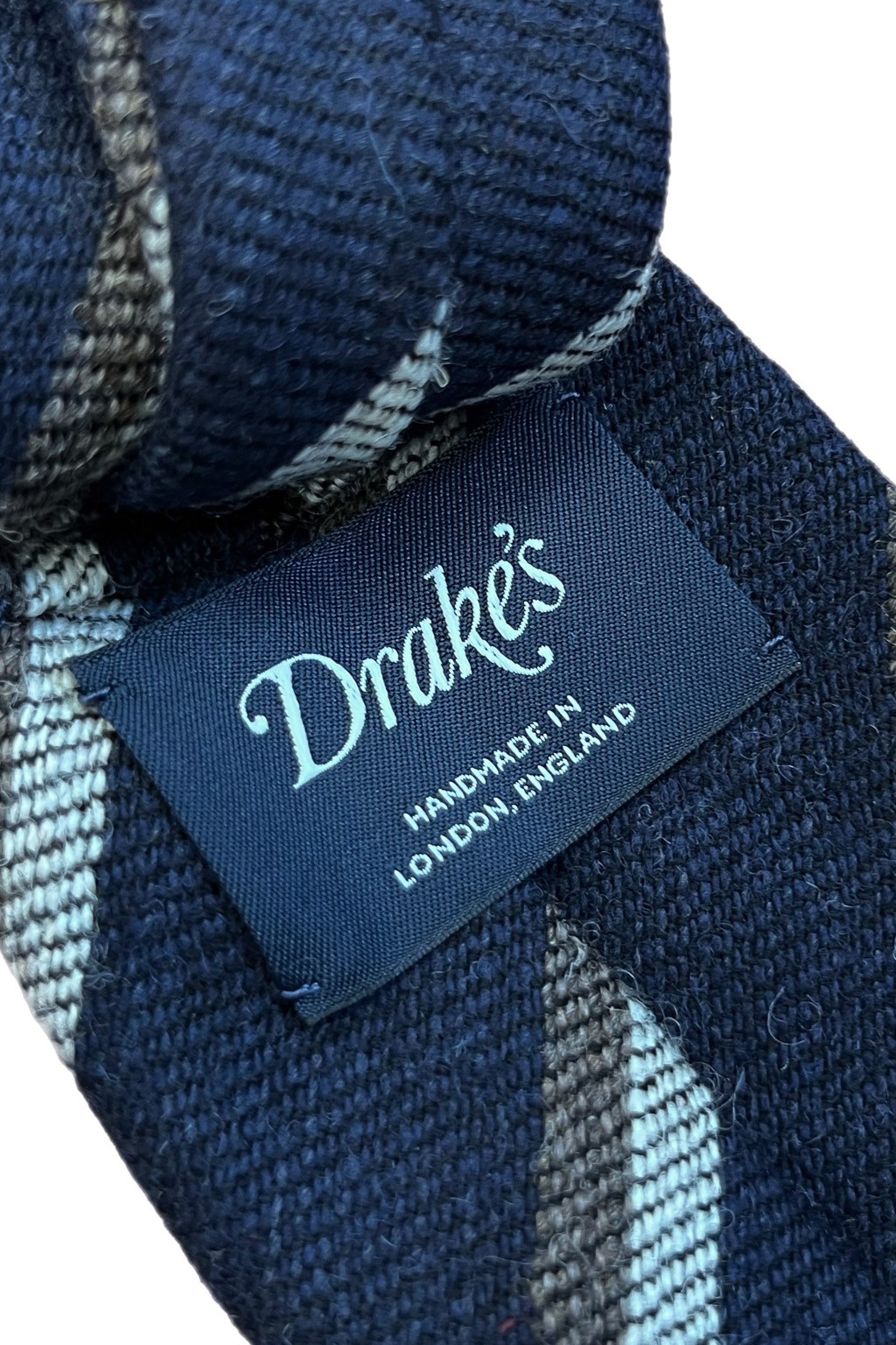 Drake's Striped Shetland Wool Tie Navy, White, & Brown - Made in