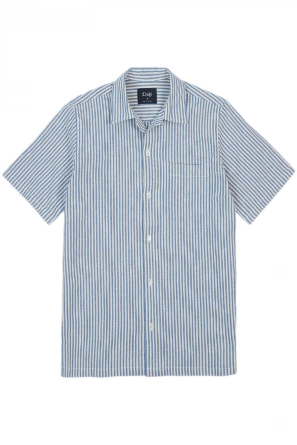 Drake's Cotton-Linen Camp Shirt Blue and White Stripe