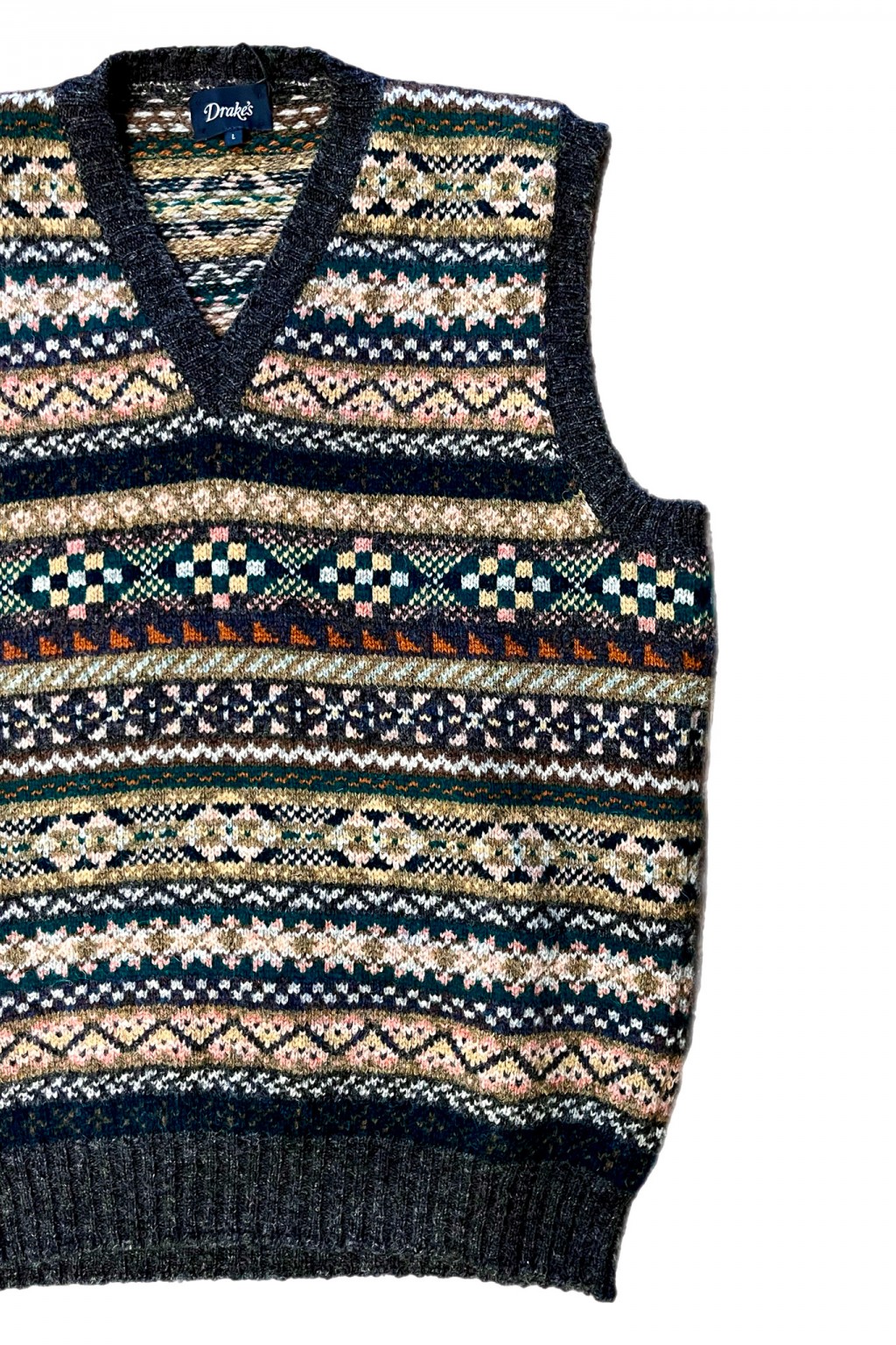 Drake's Fair Isle Sleeveless V-Neck Jumper Purple Multi