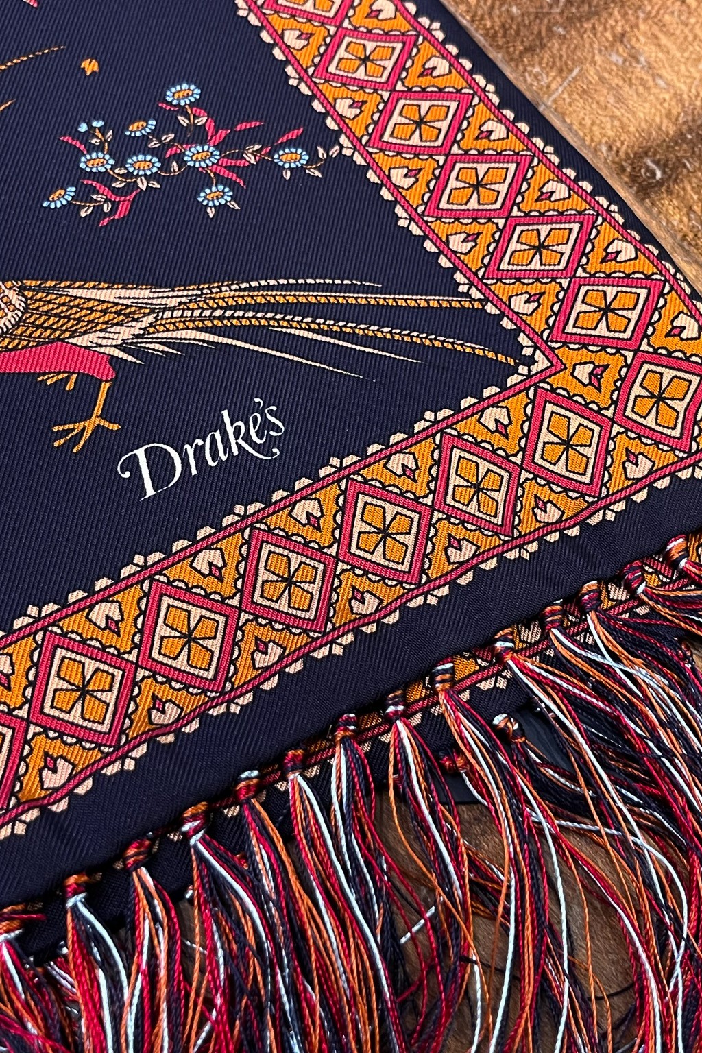 Drake's Birds of Paradise Silk Tasselled Scarf Navy