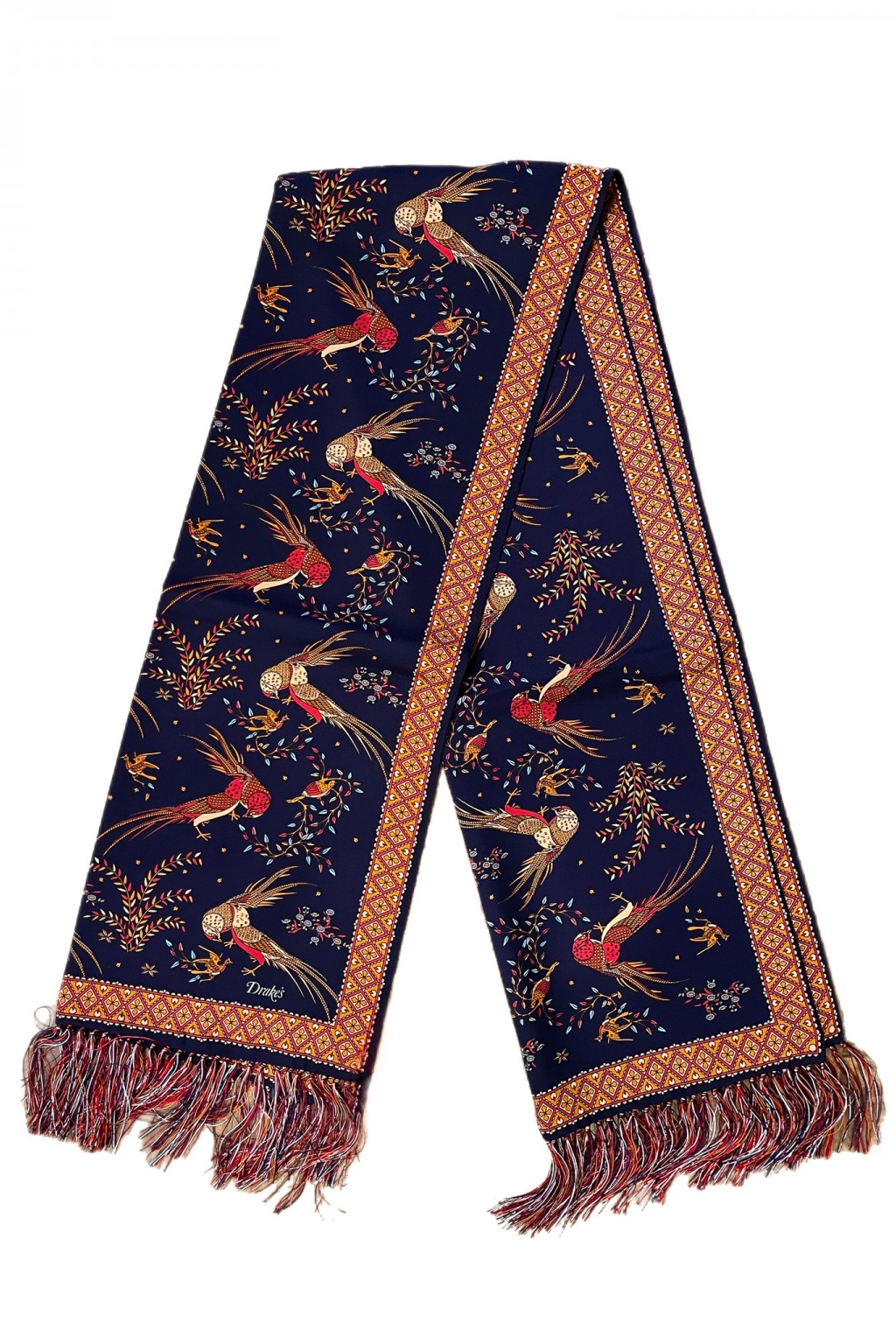 Drake's Birds of Paradise Silk Tasselled Scarf Navy