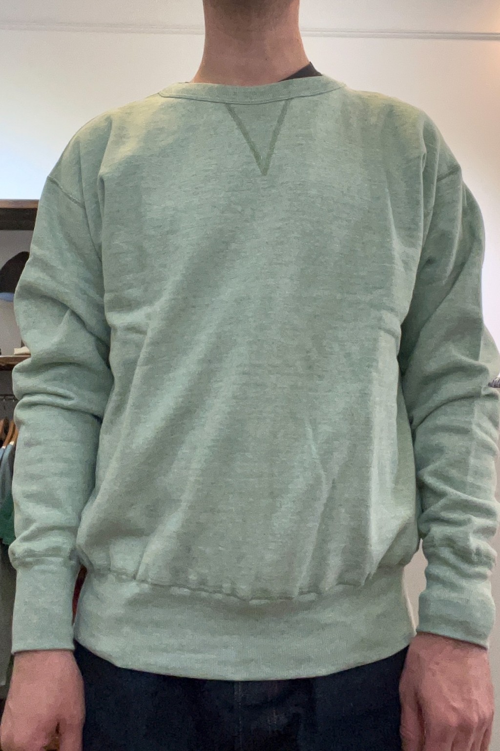 Denime Heather Four Needle V-Gusset Crew Neck Green