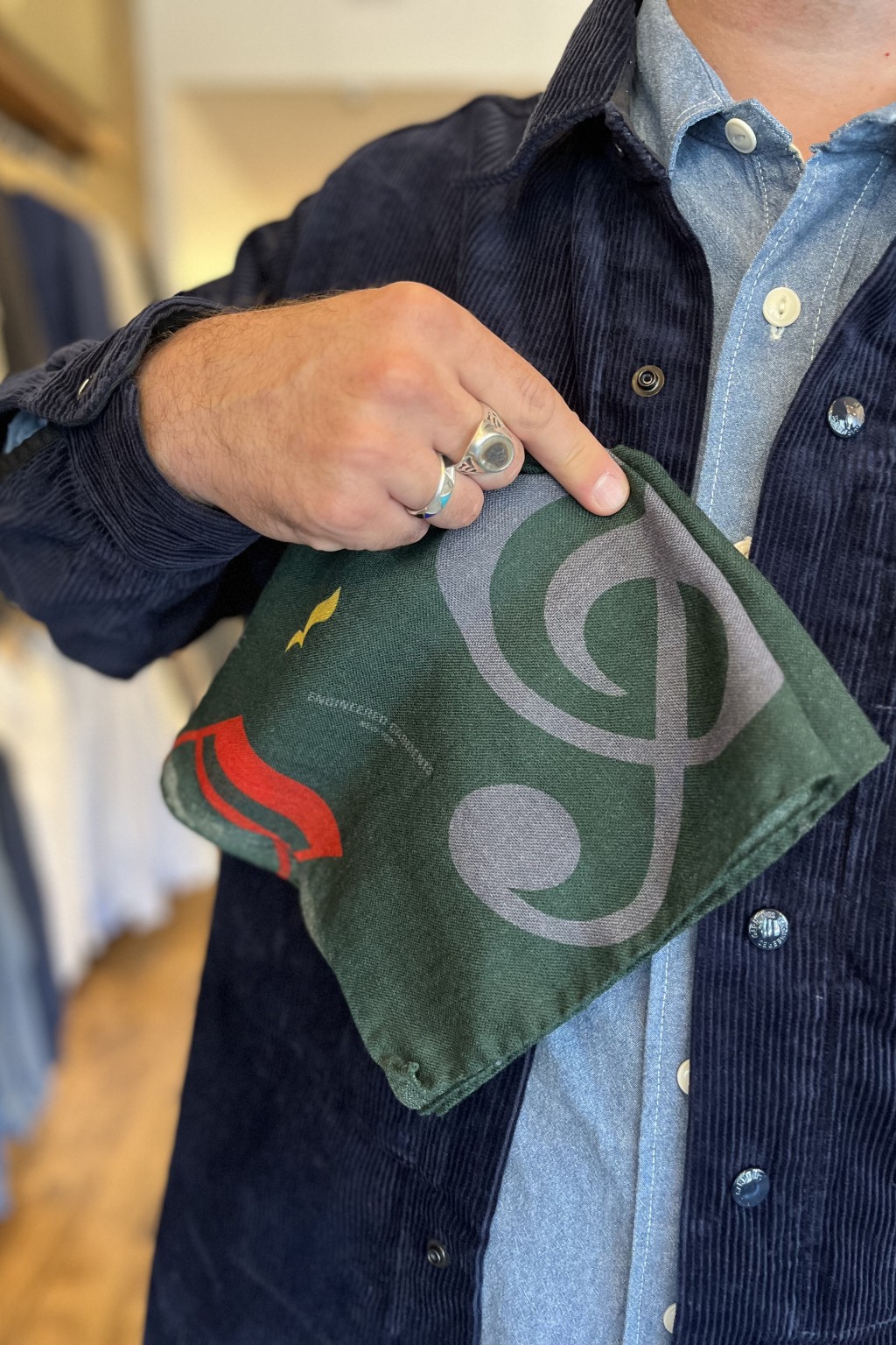 Engineered Garments Neckerchief Green Wool Music Note Print