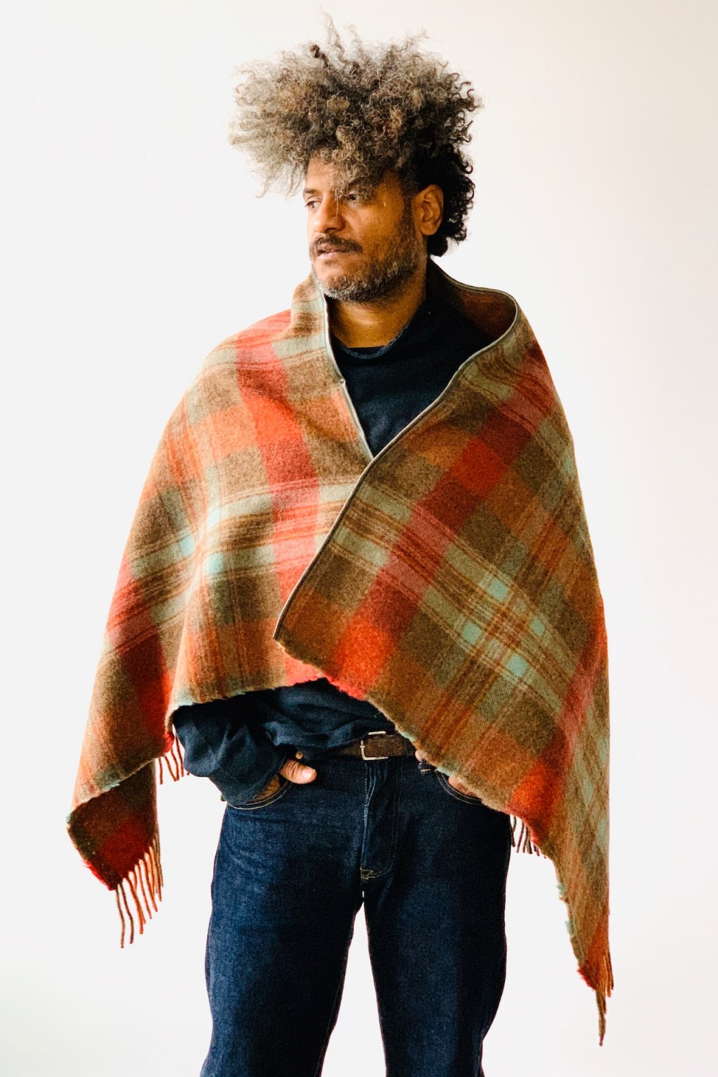 KAPITAL キャピタル 縮絨ウール　パッチワーク ORIGAMIポンチョ Kapital Country Wool Check Fringed Origami Poncho Brown - Made in