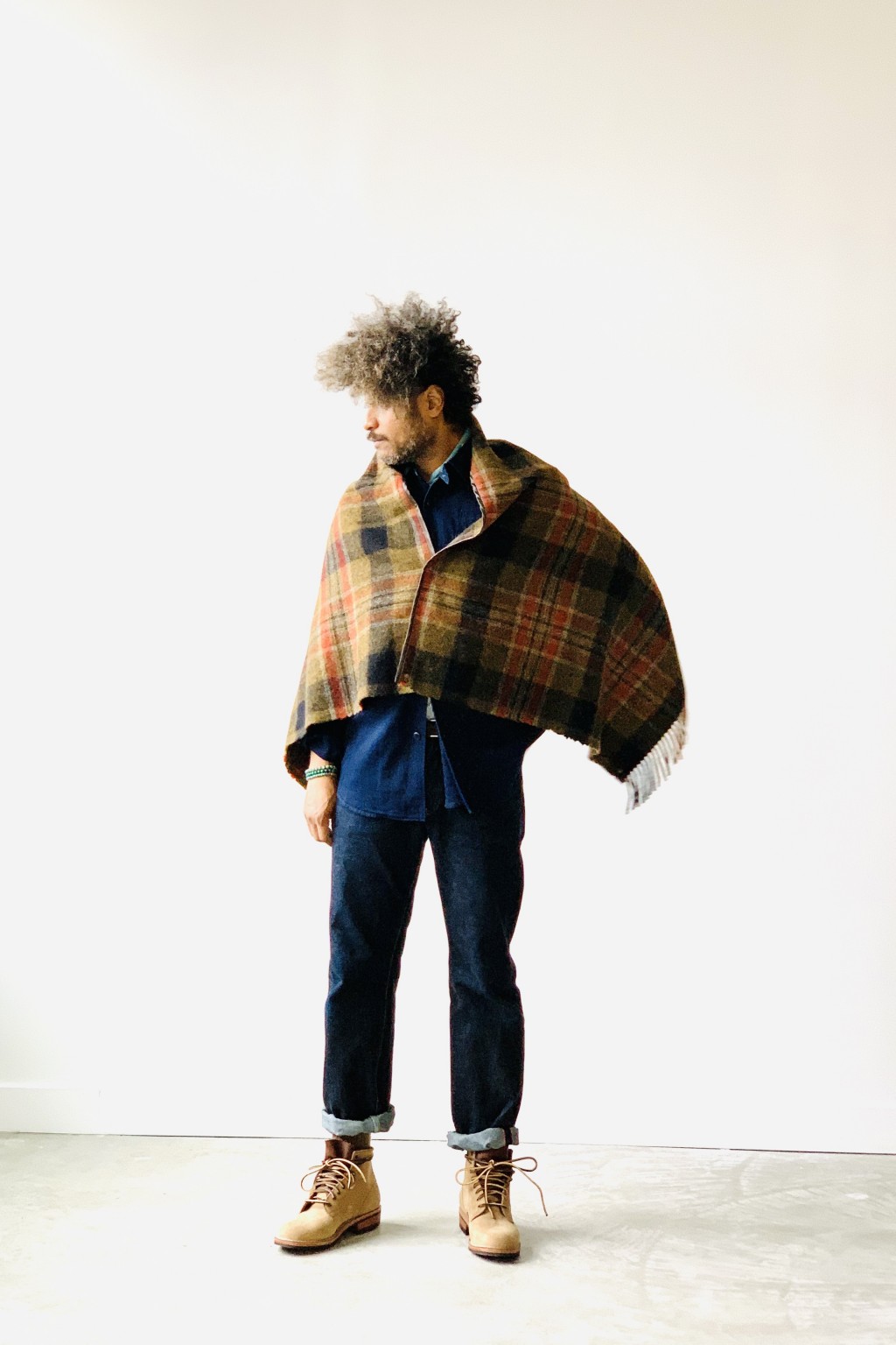 KAPITAL キャピタル 縮絨ウール　パッチワーク ORIGAMIポンチョ Kapital Country Wool Check Fringed Origami Poncho Grey & Khaki
