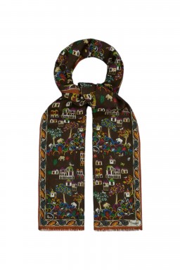 Drake's Antique Village Wool-Silk Scarf Brown