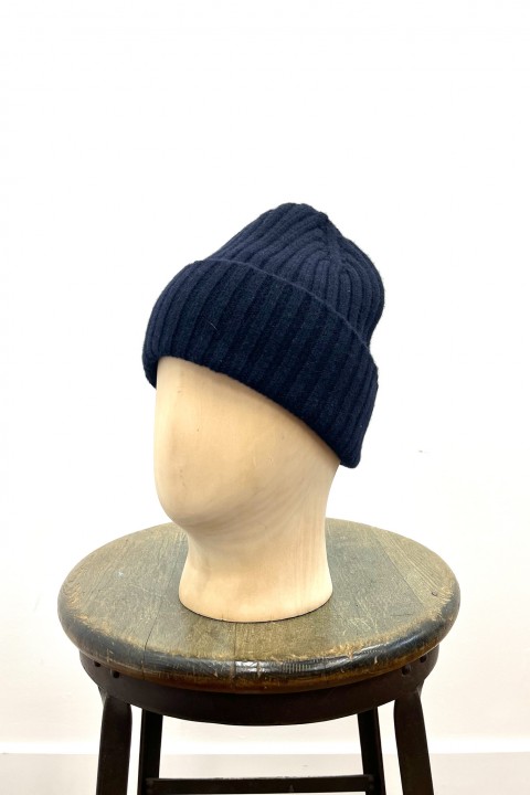 Drake's Lambswool Ribbed Knit Beanie Navy