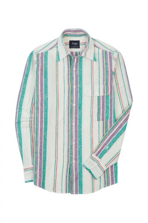 Drake's Linen-Cotton Long Point Collar Shirt Ecru, Purple, and Green